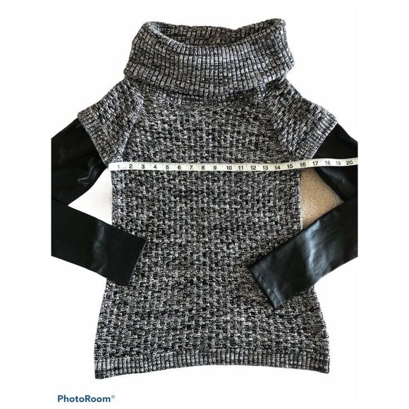 BLANKNYC Womens Pullover‎ Sweater Black Marled Vegan Leather Sleeve Cowl Neck S - Picture 9 of 10